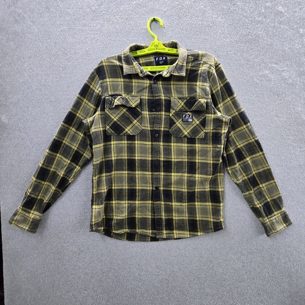 Fox Men Button Up Shirt M Yellow Plaid Traildust Flannel Shirt Grunge Skater Y2K